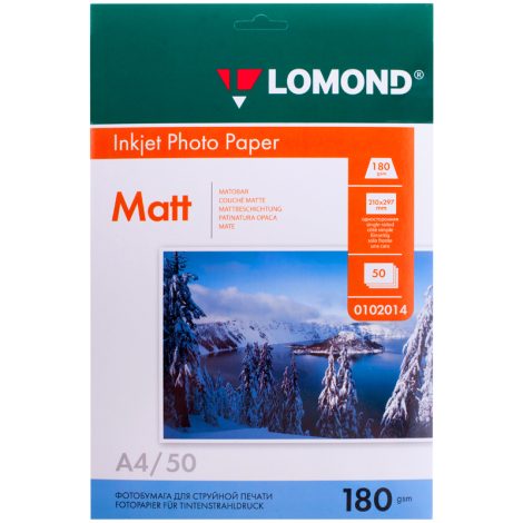 Фотобумага А4 для стр. принтеров Lomond, 180г/м2 (50л) матовая односторонняя 082319