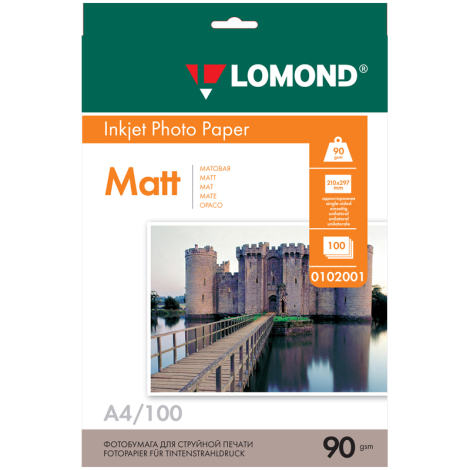 Фотобумага А4 для стр. принтеров Lomond, 90г/м2 (100л) матовая односторонняя 027852