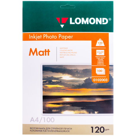 Фотобумага А4 для стр. принтеров Lomond, 120г/м2 (100л) матовая односторонняя 027699